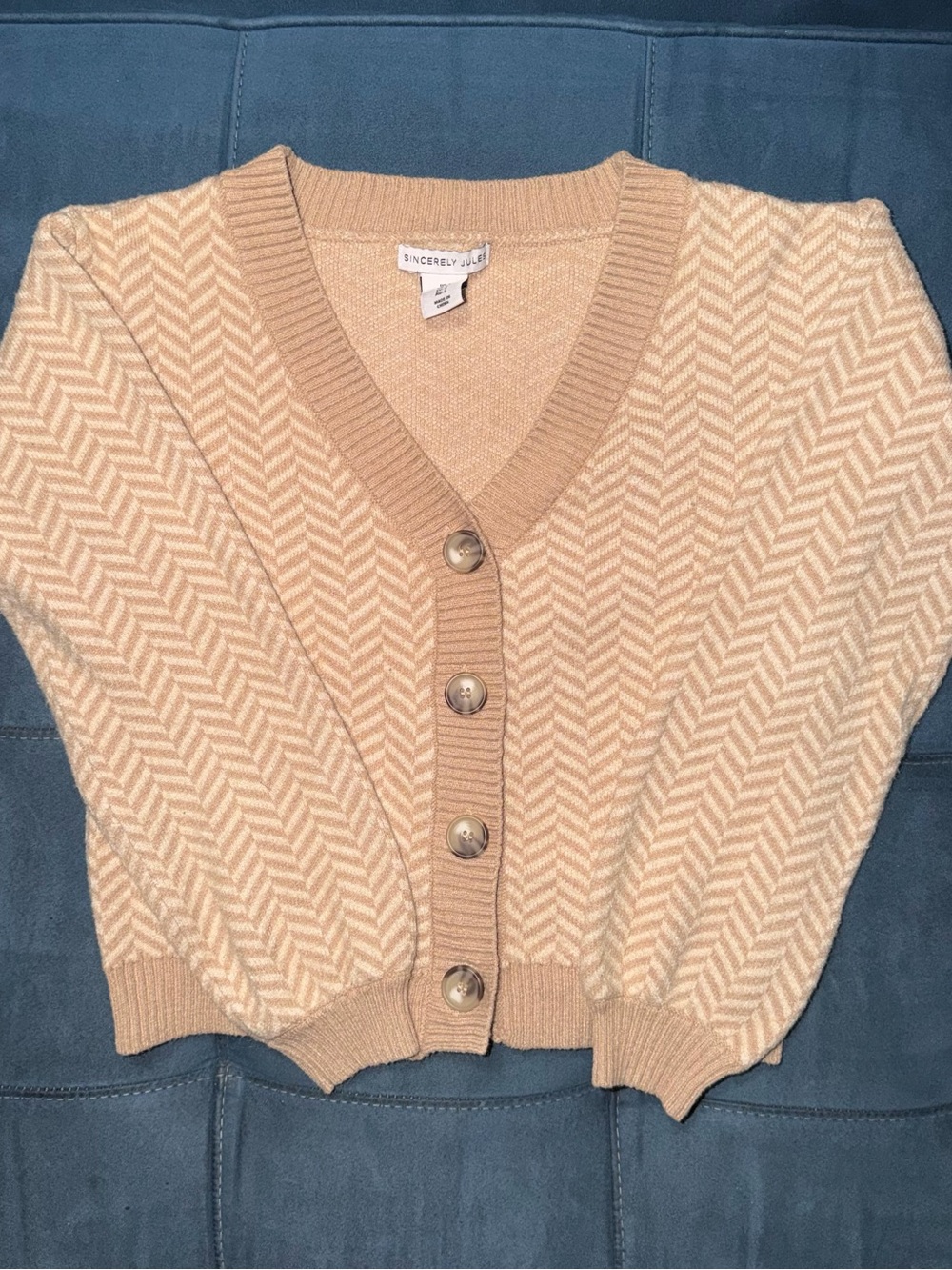 Sincerly Jules Chevron Knit Button-Up Cardigan in Cream